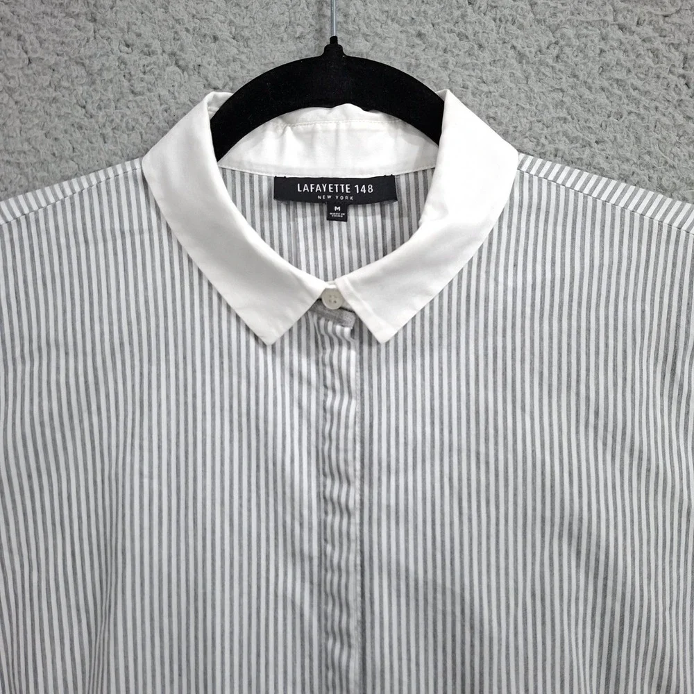 Lafayette 148 Women's Shirt Size M Gray White Stripe Long Sleeve Button Cotton - Picture 1 of 7